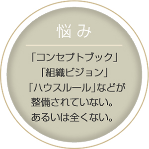 悩み:「コンセプトブック」「組織ビジョン」「ハウスルール」 などが整備されていない。あるいは全くない。